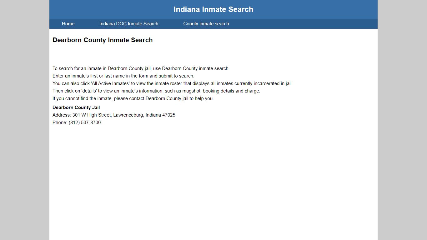 Dearborn County Jail Inmate Search - Indiana Inmate Search